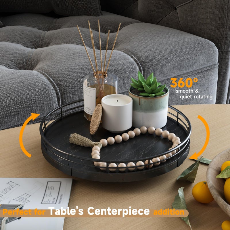 AMH 9"" Oak Bathroom Vanity Tray Turntable for Perfume Candle, Round Wooden Decorative Tray for Kitchen Sink Countertop Organizer, Bathroom Counter Organizer for Skincare Makeup, Farmhouse Black Gold - Image 3